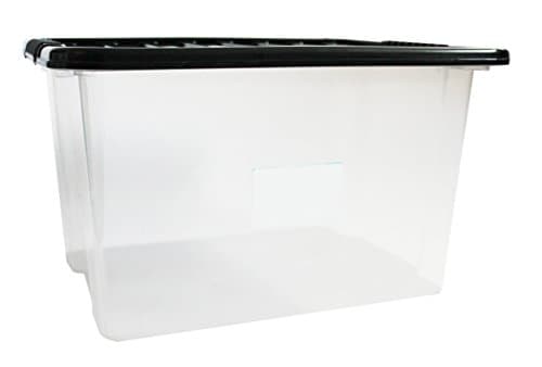 Set of 3 PLASTIX Clear Plastic Storage Box Boxes With Lids Home Office Stackable UK Made (30 LITRE, With Black Lid)