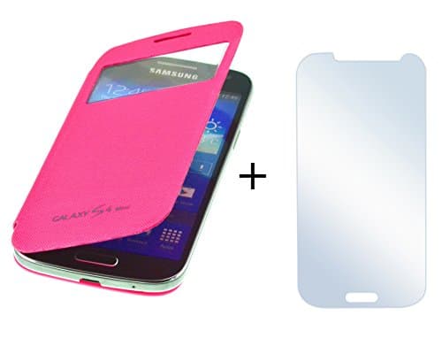 PhoneStar Flip Cover Case Cover with window + 2x Screen Protector for Samsung Galaxy S4 Mini i9190 / i9195 in pink