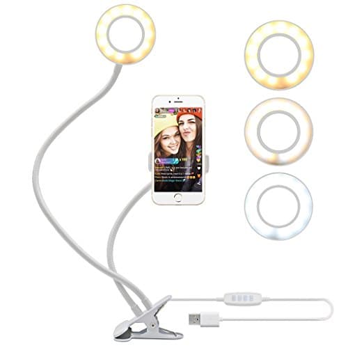 Selfie Ring Light (3 Lighting Model 10 levels brightness) with Clip Phone Holder for Live Stream,Video Chat,Makeup, Youtube, FaceBook, Bedroom, Kitchen, 48 LED Selfie Ring Light for iPhone, Android (White)