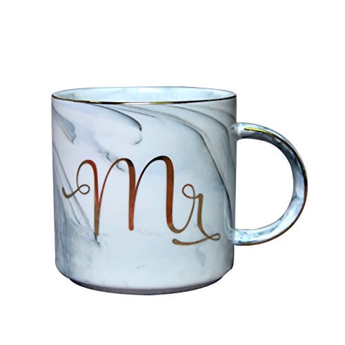 Indeedshare Mr Mrs Ceramic Coffee Mug Gift - Gold &amp; Marble Cups for Wedding Engagement and Couples Anniversary(Mr)