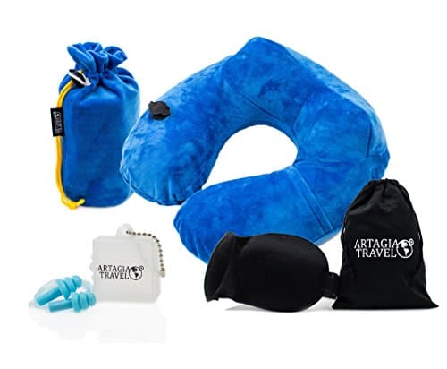 Luxury Push-Button Inflatable Travel Neck Pillow | Comfortable 3D Sleep Mask | High Fidelity Reusable Ear Plugs | Stylish Travel Packsack with Luggage Clip | Complete Travel Package – 3 in 1!