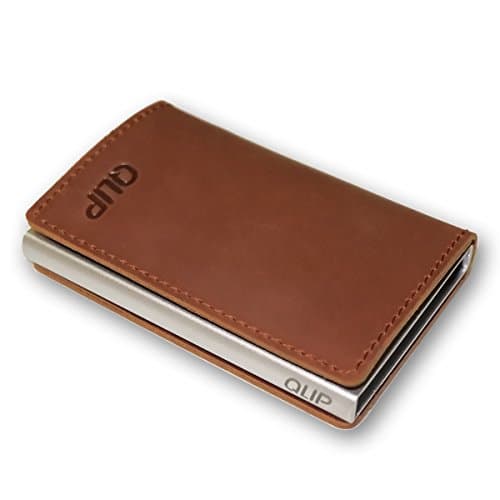 Slim Genuine Leather Tri-Fold Wallet Card Holder with RFID Protection by QLIP (Brown)