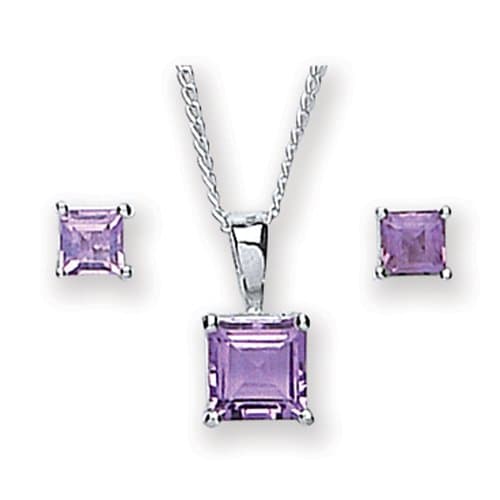 MiChic Silver Amethyst Square Pendant and Earring Set with 46 cm Chain
