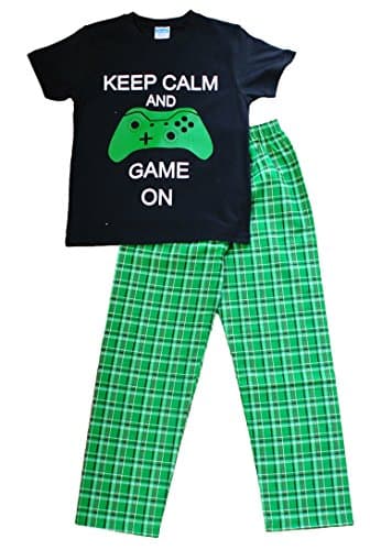 Boy's Keep Calm and Game ON Long Pyjamas 9 to 14 Years Green Check