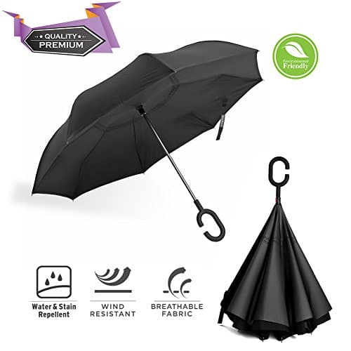 Inverted Umbrella, BravRain Windproof Rain Umbrella with C-Shaped Handle for Hands Free, Double Layer Inside-Out Reverse Folding Travel Umbrella for Car with Carrying Bag Multiple Colors (Black)