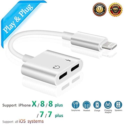 Dual Lightning Headphone and Charging Adapter for 2 in 1 Lightning Jack Adapter Aux Accessories Headphone Jack Adapter for iPhone iPad iPod iTouch iPhone X 10 8/8 Plus 7/7 Plus Converter Headphone Adaptor Dual Lightning Splitter with Audio+ Charge+ Call+ Music Control Support iOS 11 or 10.3 or Later (White)