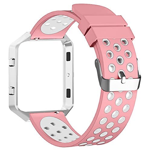 Fitbit Blaze Bands, FanTEK Small Sport Silicone Replacement Adjustable Strap with Silver Frame for Fitbit Blaze Smart Fitness Watch, Pink and White