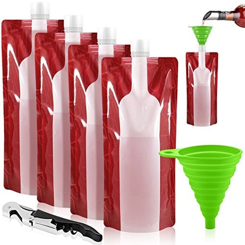 Foldable Wine Bag, 750 ml, Portable Reusable Plastic Wine Bottle Pouch, 4 Pack Collapsible Liquid Leak Proof Flask Holder for Wine Liquor Beverages, Travel, Gift - Red