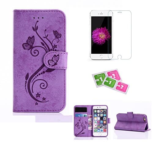 iPhone 6 / 6s Case, JGNTJLS [2016 Latest Styles] [with Free Tempered Glass Screen Protector and Cleaning Paper] Simple, Stylish, Embossing-Pattern(Gradient Pure-Colorful, Exquisite-Stripe Design), Suedette-Shell(Silky Touch Fully), Internal-TPU(Soft and Smooth) Filp PU Leather Wallet Card Slot Stand Cover Perfectly Fit For Apple iPhone 6 / 6s 4.7" Inch (Butterfly,Purple)