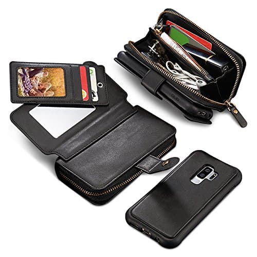 JGOO Galaxy S9 Plus Case, 2 in 1 PU Leather Huge Capacity 10 Card Slots Detachable Wallet Case,[Hidden Mirror & Zip Bag] Magnetic Separable TPU Back Cover for Samsung Galaxy S9 Plus,Black