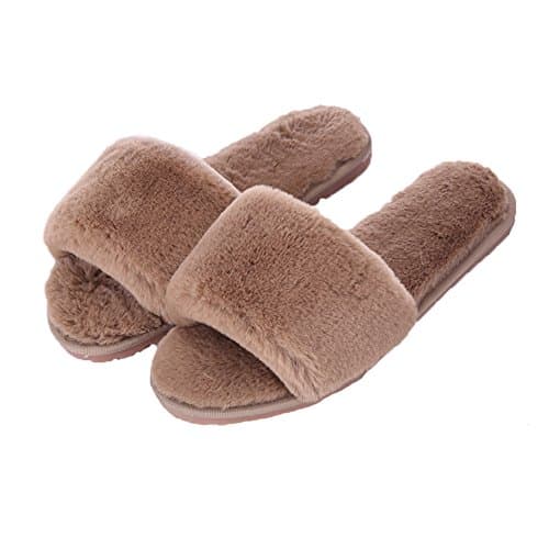 Women's Memory Foam Flip Flops - Anti-slip Shock Absorption Keep Warm Cotton Indoor Plush Spa Slippers - Ultra Soft Open-toed Bedroom Indoor Winter Slippers (6-6.5UK /25CM, Brown)