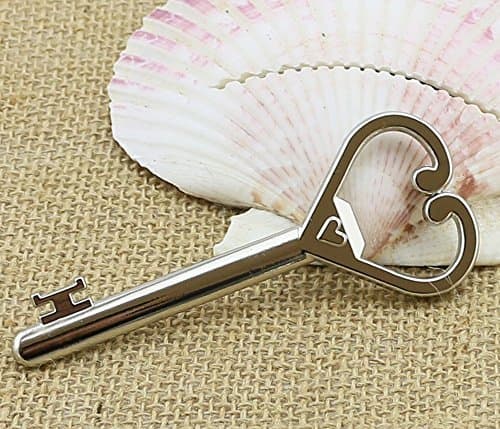 25pcs Large Skeleton Key Shaped Bottle Openers with Hearts Silver Wedding Favors Shiny Decoration by DLWedding