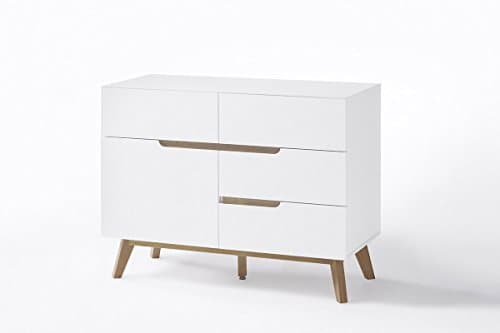 CEERVO Sideboard with four draws and one compartment – high gloss lacquered white finish with oak veneer – 60’s retro style