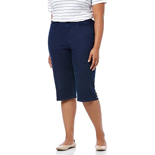 Symbidium Women's Plus-Size Easy Fit Comfort Elastic Waist Pull-On Essential Capri Pant with Hem Buttons Dark Wash 0X