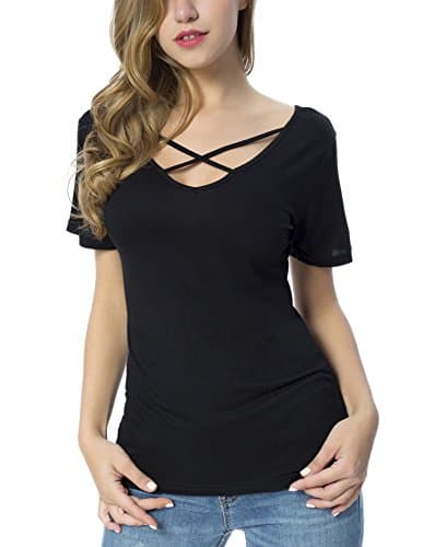 Songbai Women's Casual Short Sleeve Solid Criss Cross Front V-Neck T-Shirt Tops