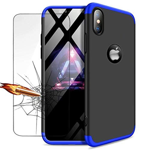 iphone X Case,iphone XS Case Lanpangzi TPU Silicone 3 in 1 Combination Ultra Slim Cover with [Tempered Glass Screen Protector] Scratch-resistant Protective Case - Blue and Black
