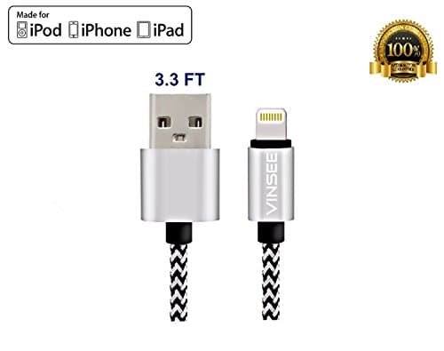 Iphone charger, VINSEE Lightning Cable Charger 3.3FT/1 Meter Long Nylon Braided Cord Charging Compatible with iPhone 7 7Plus, 6 6s 6Plus, 5S 5, iPad, iPod and more (Light Gray)