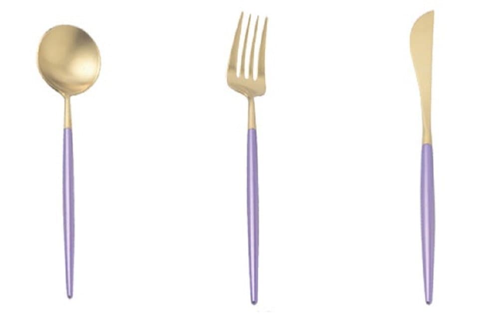 Home Dinner Flatware Cutlery Set of 3 Pcs, Main Spoon + Folk + Knife - Gold/Purple