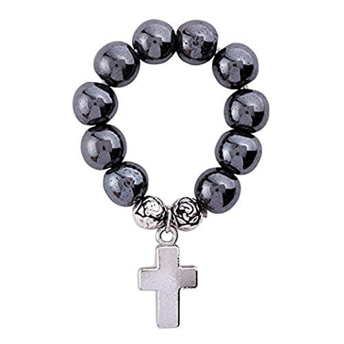 Hematite Cross Rosary Ring One Size Fits Most 2 1/4 Inch Long