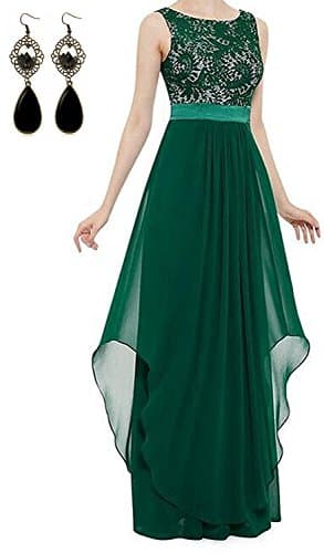 Sitengle Elegant Women Sleeveless V-Back Lace Patchwork Chiffon Long Dress Formal Banquet Evening Wedding Party Prom Dresses (M, Green)