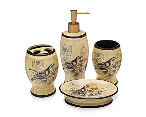 Bath Accessories 4 Piece Ceramic Set - Soap Dispenser and Soap Dish, Toothbrush Holder and Tumbler - Elegant + Durable Styles To Spruce Up Your Bathroom, Beige