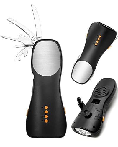 iRonsnow IS-068 Emergency Hand Crank Dynamo LED Flashlight FM Radio with Swiss Knife Tool kit, 1800mAh Power Bank for Smart Phone, SOS Alarm (Black)