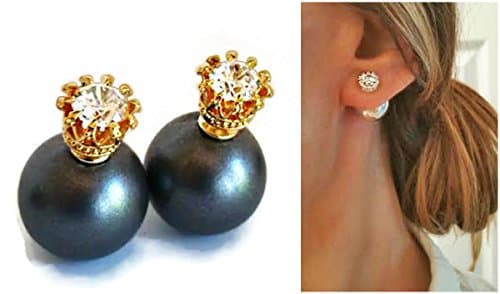 EWT Double pearl ball Black pearl stud earrings/ Front back earrings/ reversible earrings