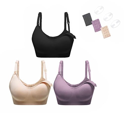 Perkisboby Women's Plus Size 3 Pack Seamless Maternity Breastfeeding Nursing Bra Sleep Bralette with Extenders, Clips (Black &amp; Purple &amp; Beige - XL)