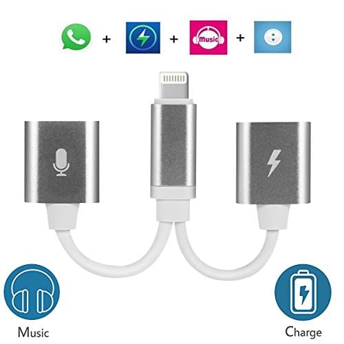 Silver iPhone 7 Adapter &amp; Splitter, Vidanes 2 in 1 Lightning Adapter , Double Lightning Headphone Audio &amp; Charge &amp; Call Converter for iPhone 7/7 Plus Compatible for iOS 11(Silver)