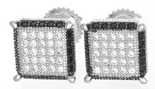 Sterling Silver CZ's White Stones Black Border Square Stud Men's Earrings (9 Millimeters)