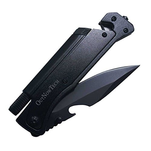 OutNowTech VANTAGE Multi-Purpose Folding Pocket Knife (Black, Left-handed) with Magnesium Fire Starter, Belt Cutter &amp; LED Light - Best Survival Knife for Hikers &amp; Campers