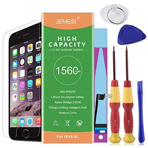 JEMESI Battery for Model iPhone 5S-5C with Repair Tool Kits,Instructions and Screen Protector,New 0 Cycle Battery Replacement [24-Month Warranty]