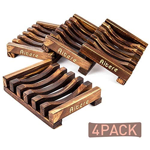 Aitere 4 Pack Soap Dish for Shower Soap Holder for Kitchen Home Bath Accessories Hand Craft Natural Wood Soap Case Soap Dish Holder, Sponges, Scrubber