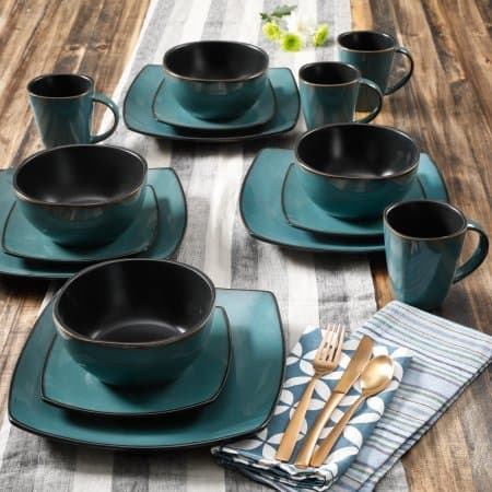 Contemporary Soho Lounge Square Stoneware Geometric Pattern 16-piece Dinnerware Set (teal)