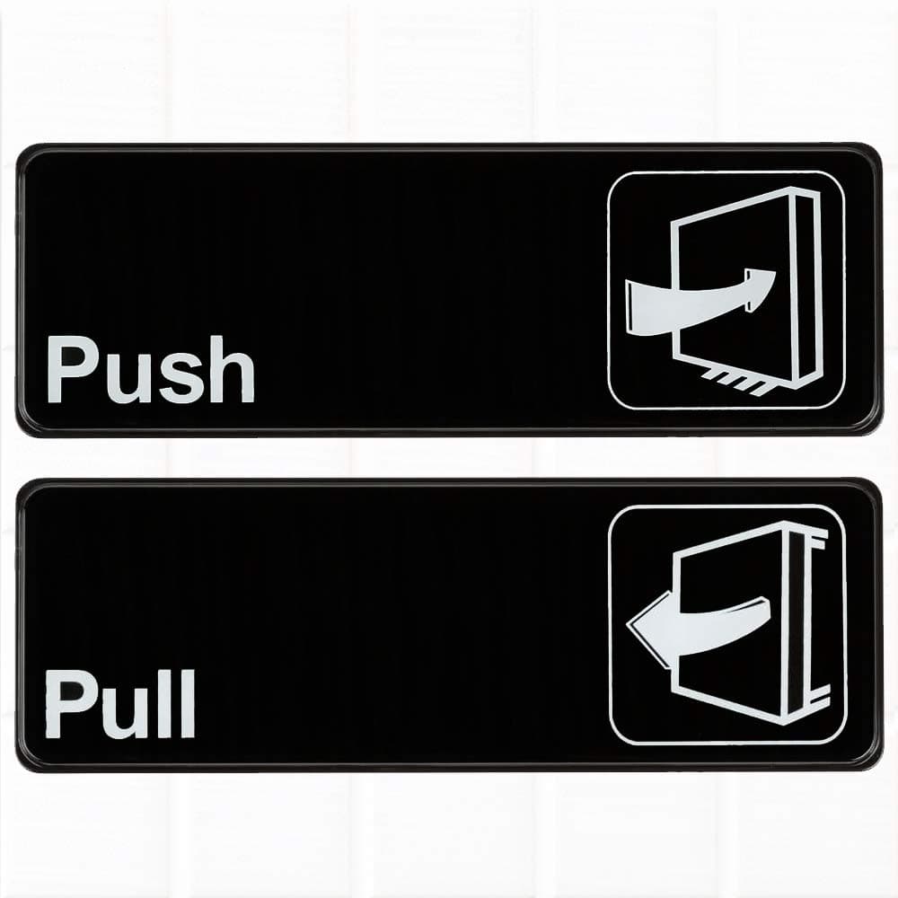 (Set of 2) Push and Pull Signs for Door - Black and White, 9 x 3-inches Push Pull Door Signs for Office, Commercial Signs by Tezzorio
