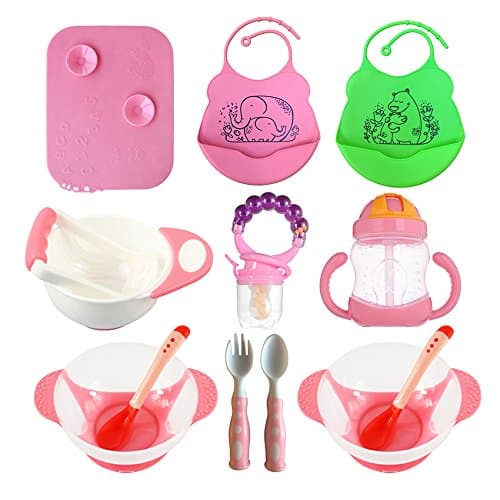 Baby Feeding Set, Complete & Best Value Gift, For Any Occasion, Loving Baby Includes: 2 Bibs| 2 Bowls w/Lid & Spoon| Placemat| Mash Bowl w/Tool| Sippy Cup| Fruit Pacifier w/Rattle| Spoon & Fork (Pink)