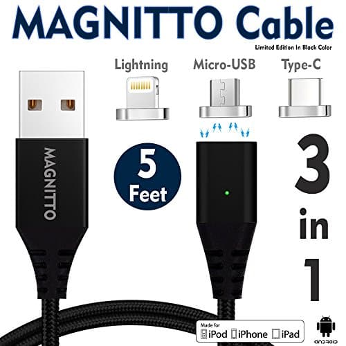 MAGNITTO 3-in-1 Magnetic Lightning USB Charging and Data Transmission Cable Type C Nylon Braided Sync Cord with High Speed Data Transfer for iOS Android Systems iPhone X 8 7 Plus 6 5 Samsung S8 Black