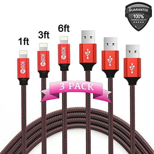 Iophi 3 PACK 1FT 3FT 6FT Nylon Braided Lightning to USB Cable 2.4A High Speed Heavy Duty Aluminum Connector Charge Sync Cable for iPhone 7 / 7 Plus / 6 / 6s / 5 / 5s / 5c / SE / iPad / iPod - RED