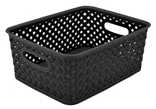 Simplify Small Resin Wicker Tote | Storage Bin | Plastic Organizer | Carrying Handles | Bathroom | Pantry | Accessories | Cleaning Products | Black
