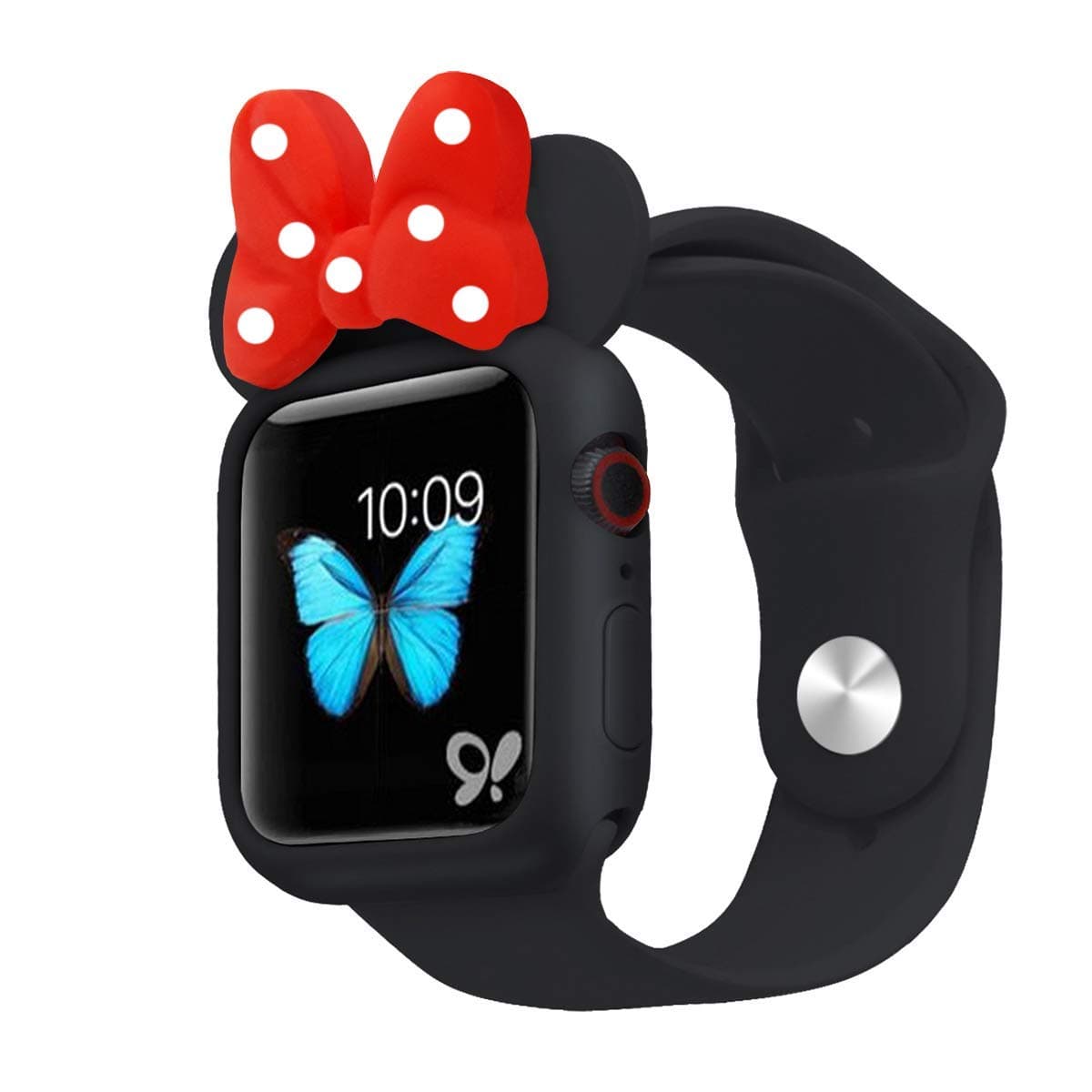 Nenis Cartoon Soft Silicone Protective Frame Anti-Scratch Cover| Case Mouse - Kitty Ears Compatible with Apple Watch Series 8, 7, 6, 5, SE (Black - Red, 41mm)