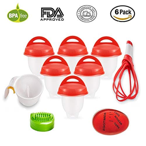 As Seen on TV Egg Cooker Set - 6 Pack, Non Stick Silicon Egg Boiler, Hard Boiled Eggs With No Shell | Includes 4 FREE Complimentary Items: 1 Egg Timer, 1 Egg Separator, 1 Egg Whisk and 1 Egg Slicer