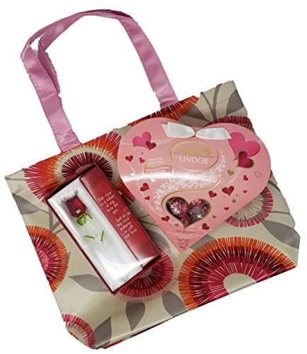 Gift for Her, Assorted Gift Bag includes box of Lindt Lindor Strawberries and Cream, Glass Rose, Pink Floral Canvas Tote, with Tissue Paper Perfect gift for girlfriend, wife, women