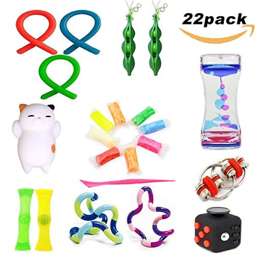 22 Pack Sensory Fidget Toys Set Liquid Motion Timer/Fidget Cube/Flippy Chain/Stretchy String/Twisted/Squeeze-a-Bean Soybeans/Slime/Mesh &amp; Marble for ADHD Autism Stress Anxiety Relief Adult Kids