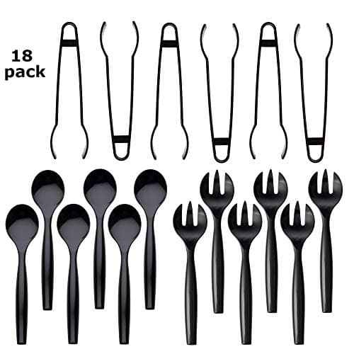 Disposable Serving Utensils, Plastic Serving 10" Spoons 10" Forks & 6" Tongs 6 of Each, Pack of 18. (Black)