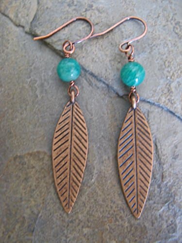 Amazonite Gemstone Copper Feather Dangling Earrings Boho Artisan Jewelry