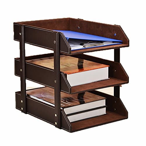 Office 3 Tiers Leather File Rack Document Filing Tray Case Wooden MDF Desktop file holder Storage Organizer (Coffee)