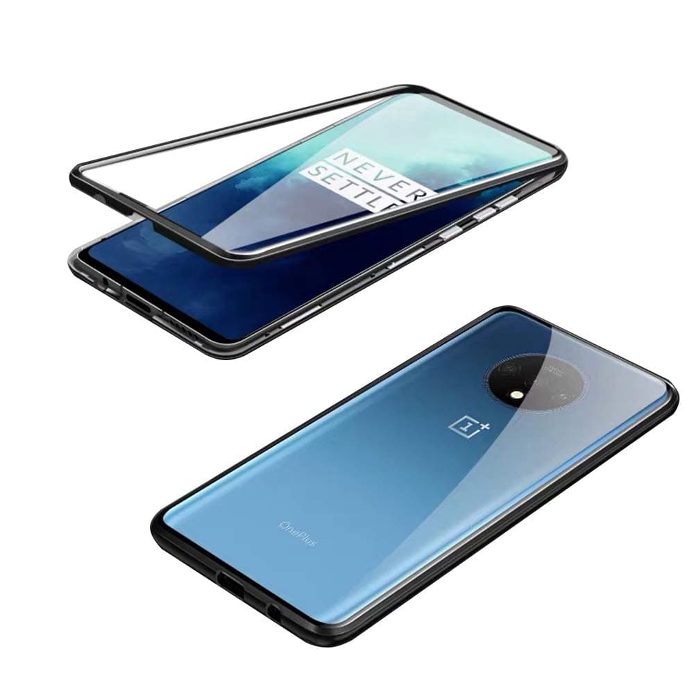 SiGrid Case for OnePlus 7T Pro, Magnetic Adsorption Case Transparent Glass Front Back Case with Metal Frame Strong Magnet Cover Shockproof Aluminum Bumper Full Body Phone Case, Black