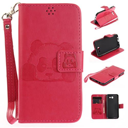 For Samsung Galaxy J3 2017/ J3 Prime Case [With Tempered Glass Screen Protector],Metatze 3D Emboss Panda PU Leather With Kickstand Card Cash Packet Magnetic Flip Book Wallet Cover (Rose)