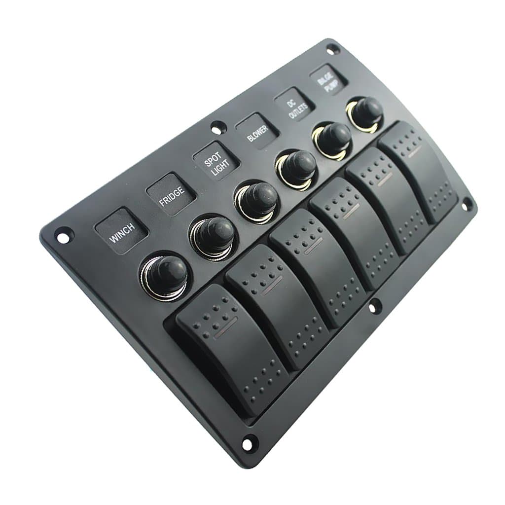 perfk 6 Gang Rocker Switch Panel Waterproof for Car Trailer Marine Boat, 12V/24V Circuit Breaker, Red LED Indicator