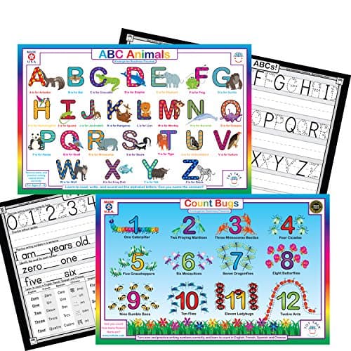 Tot Talk Alphabet, Numbers, Markers Bundle- Kids Educational Set of 2 Placemats & Dry Erase Markers- Reversible Activities- Write Uppercase ABCs- Waterproof, Washable, Wipeable, Durable, USA-Made